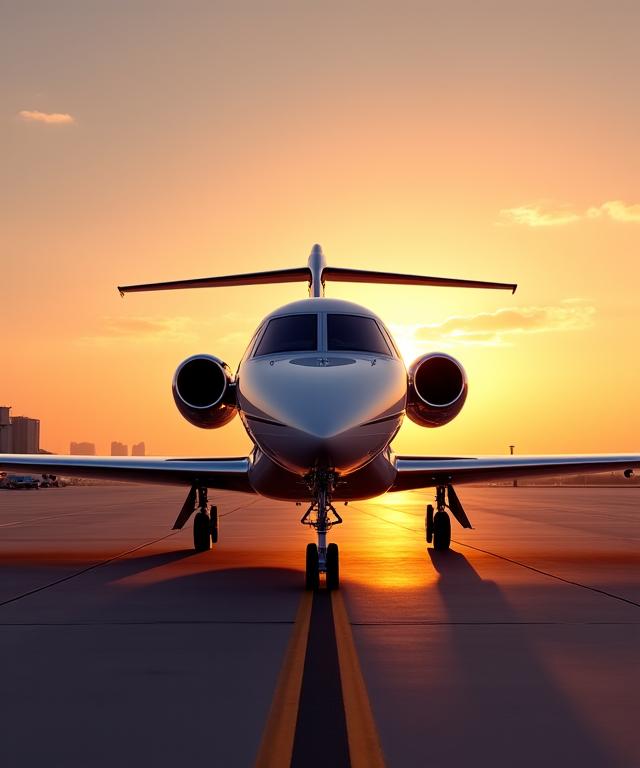 A sleek private jet parked on an airfield with the sun setting in the background.