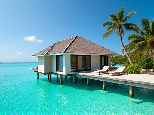 An overwater bungalow in the crystal-clear turquoise waters of the Maldives.