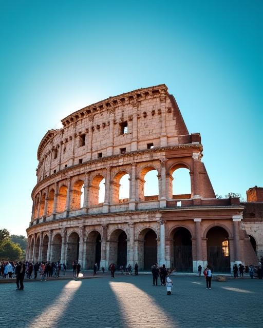 The iconic Colosseum in Rome under a bright blue sky.