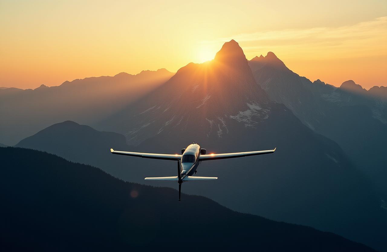 Aerial view of an airplane flying over a vast mountain range at sunrise