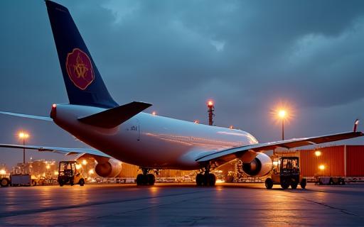 A large cargo plane being loaded with containers at a busy airport hub at dusk.