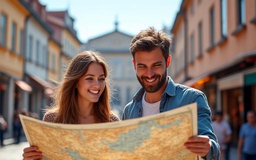 A happy couple looking at a map in a vibrant European city square.