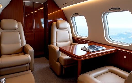 Luxurious interior of a private jet with leather seats and a polished wooden table.